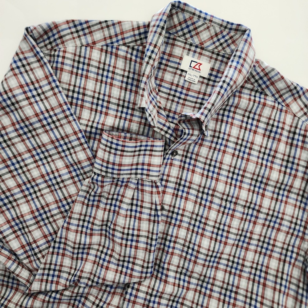 Cutter & Buck red blue white plaid long sleeve button front shirt mens‎ size XXL